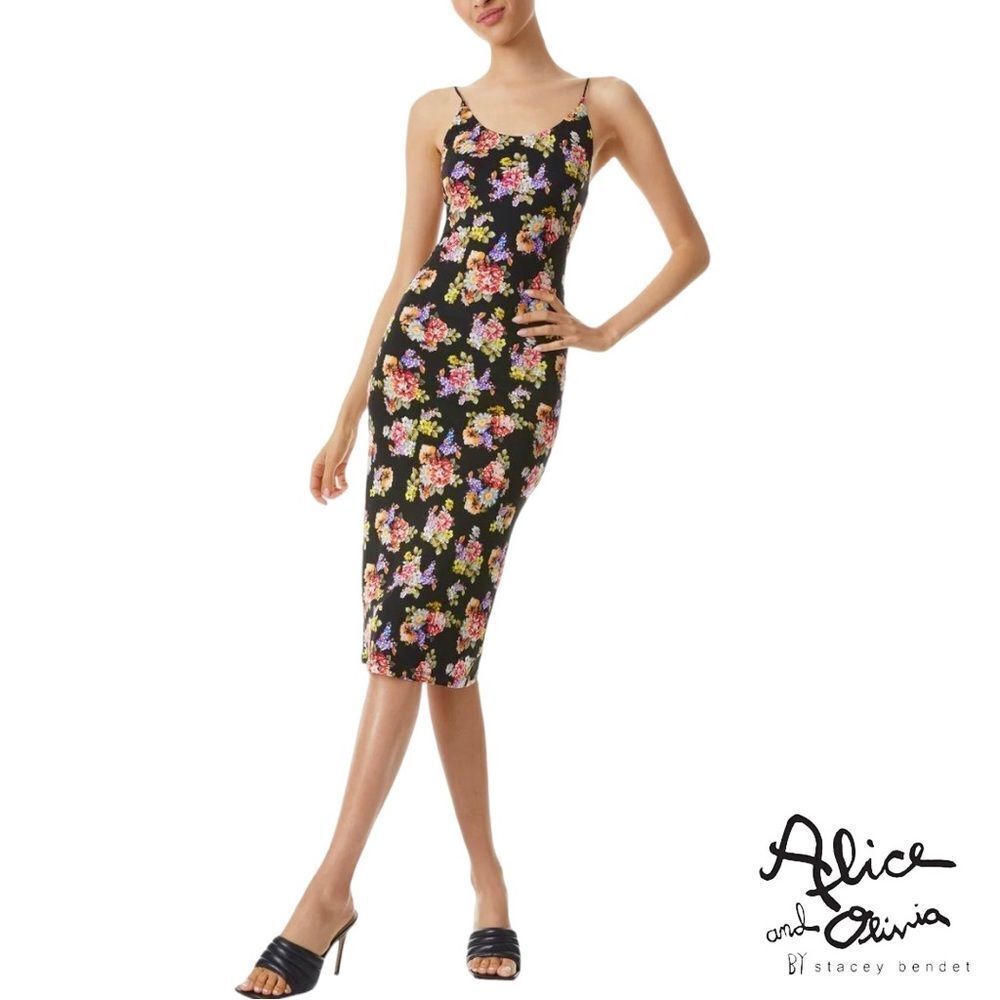 alice + olivia **NWT** Delora Black Magnolia Floral Print Fitted Midi D… - Picture 5 of 13